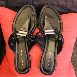 Elie Tahari Black & Metallic Leather Thong Sandals